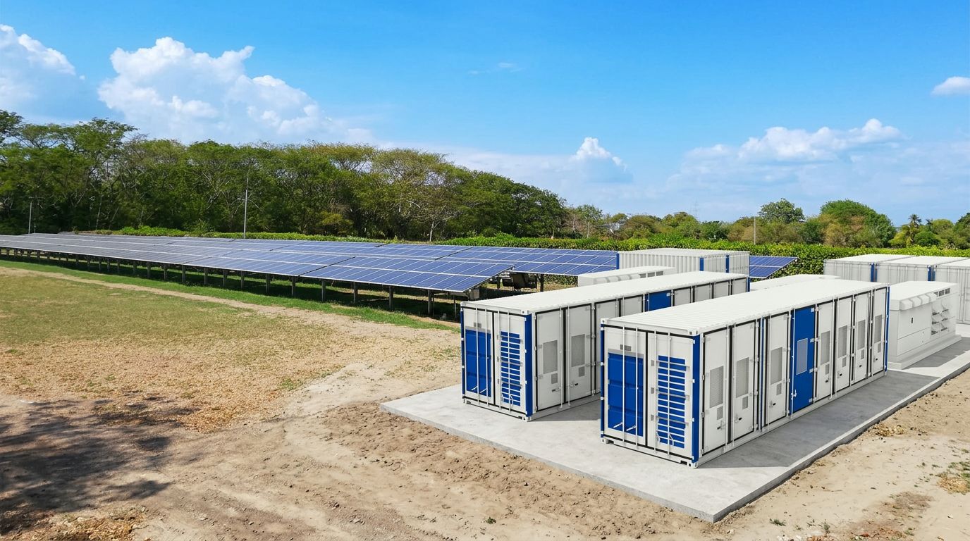 Contenedores BESS junto a un sistema solar